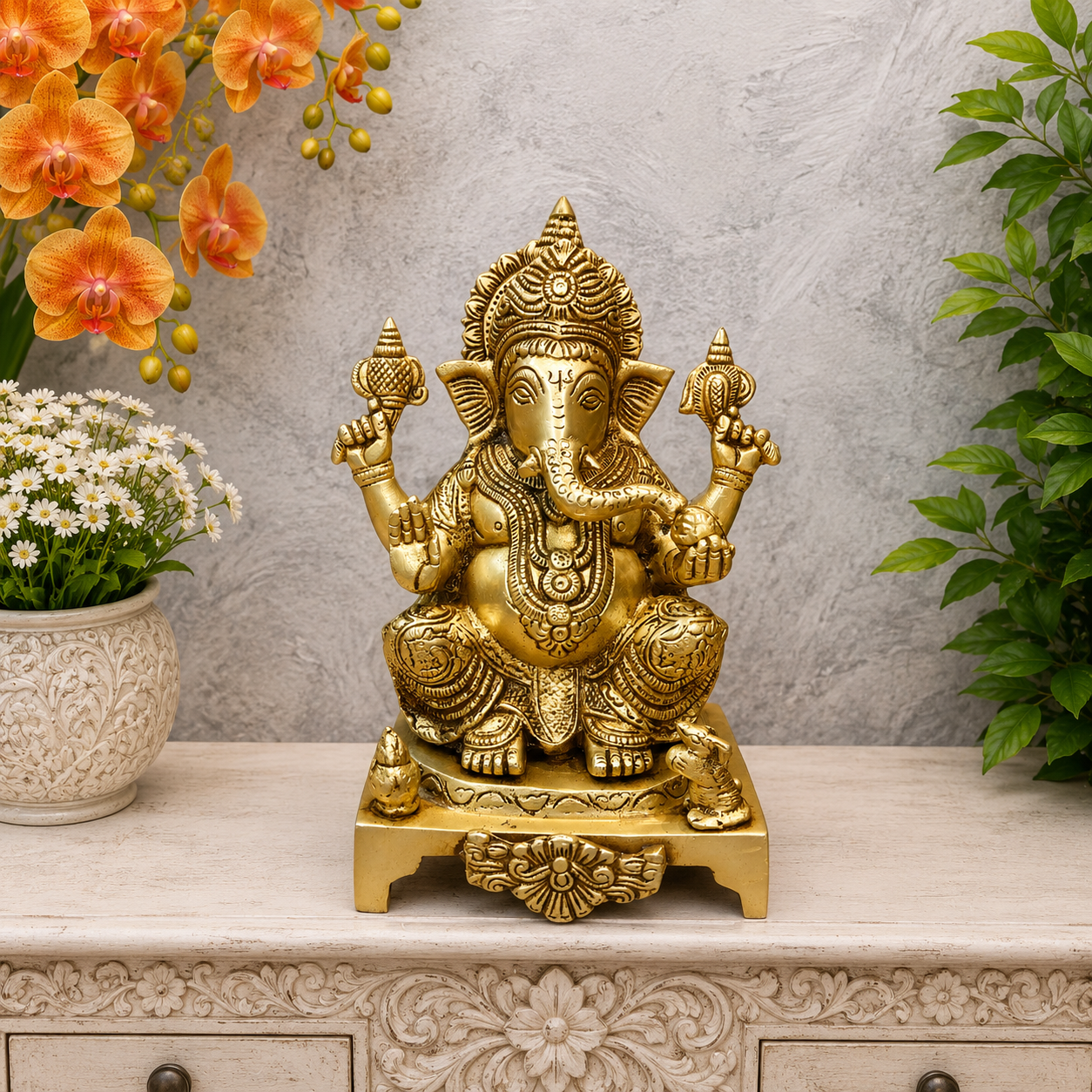 Brassaura® Handmade Brass Lord Ganesha Idol | Ganesh Murti for Home Temple, Office & Pooja Room | Height 8 Inches | 3.5 Kg