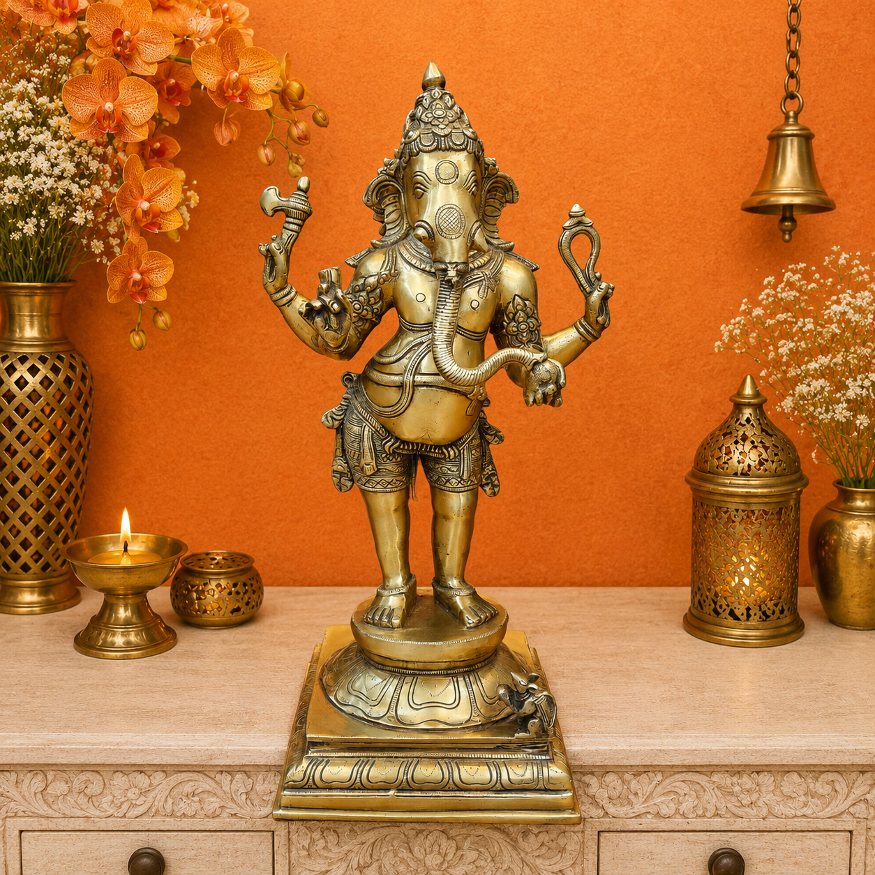 Brassaura® Handmade Brass Standing Lord Ganesha Idol | Ganesh Murti for Home Temple, Office & Pooja Room | Height 18 Inches | 11 Kg
