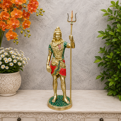 Brassaura® Handmade Brass Standing Lord Shiva Idol | Shiv Murti with Trishul for Home Temple, Office & Pooja Room | Height 24 Inches | 12 Kg