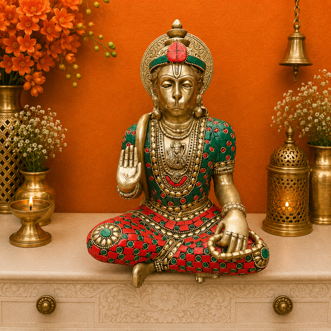 Brassaura® Brass Hanuman Idol | Lord Hanuman Sitting Statue with Handcrafted Stone Inlay | Bajrangbali Murti for Home Temple, Pooja Room & Vastu Décor | 11 Inch | 5.1 Kg