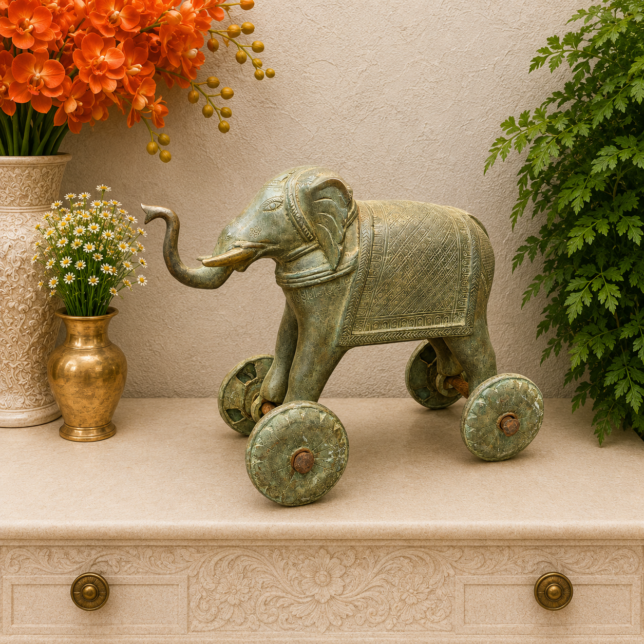 Brassaura® Brass Elephant on Wheels Statue | Handcrafted Vintage Pull Elephant Showpiece | Traditional Brass Home Décor, Vastu & Collectible Artifact | 10 Inches | 9 Kg