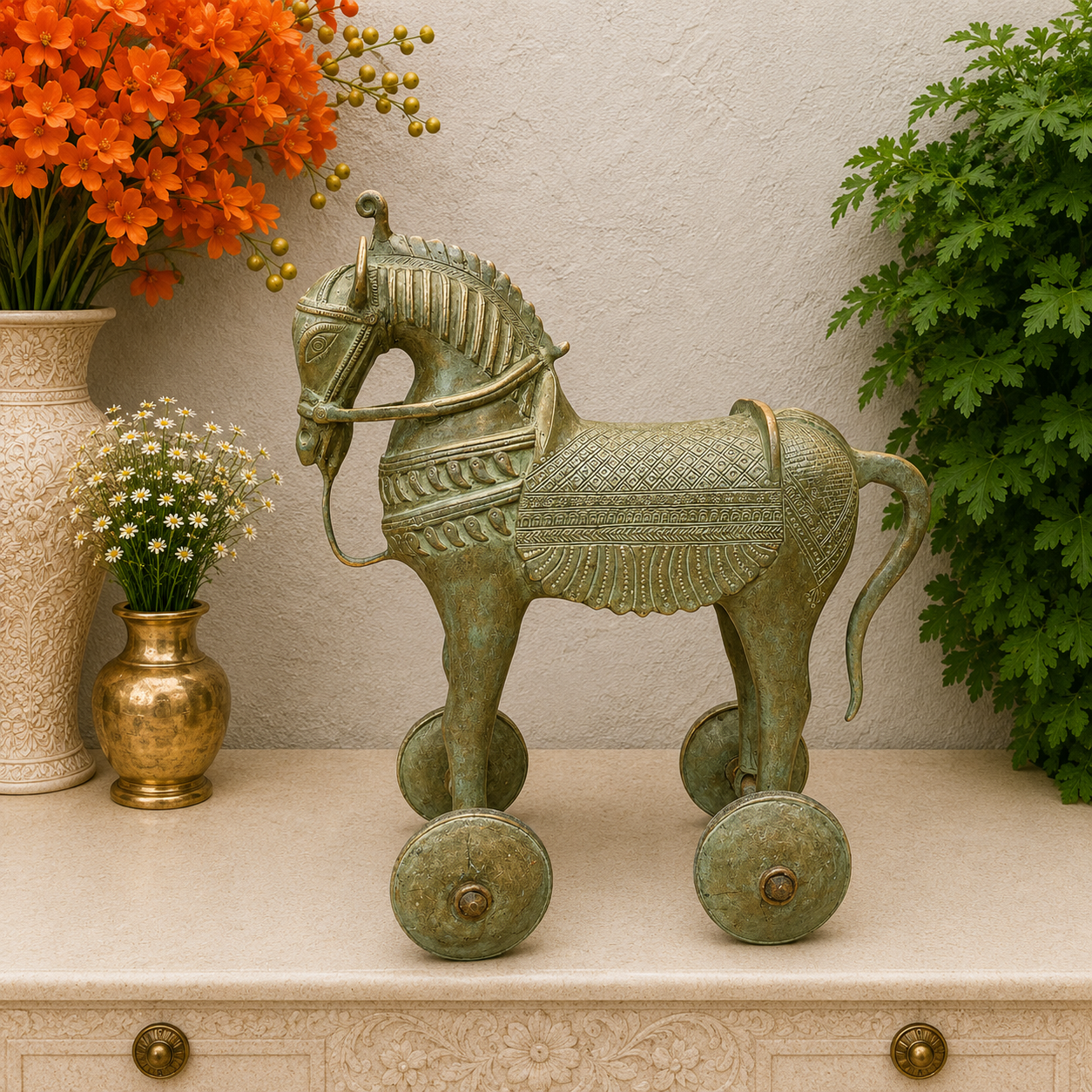 Brassaura® Brass Horse on Wheels Statue | Handcrafted Vintage Horse Showpiece | Traditional Brass Horse Sculpture for Home Décor, Vastu & Collectible Display | 18 Inches | 18 Kg