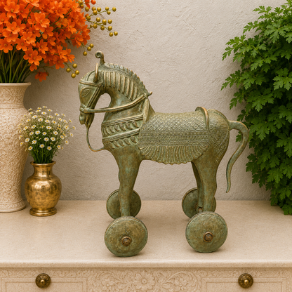 Brassaura® Brass Horse on Wheels Statue | Handcrafted Vintage Horse Showpiece | Traditional Brass Horse Sculpture for Home Décor, Vastu & Collectible Display | 18 Inches | 18 Kg