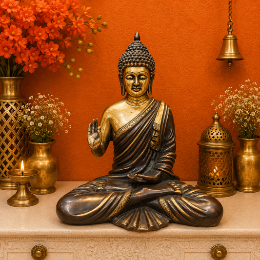 ब्रासोरा® वृंदावन वेणुगोपाल कृष्ण पीतल की प्रतिमा मोर के साथ | एंटीक नीला और सुनहरा रंग | ऊँचाई 20 इंच