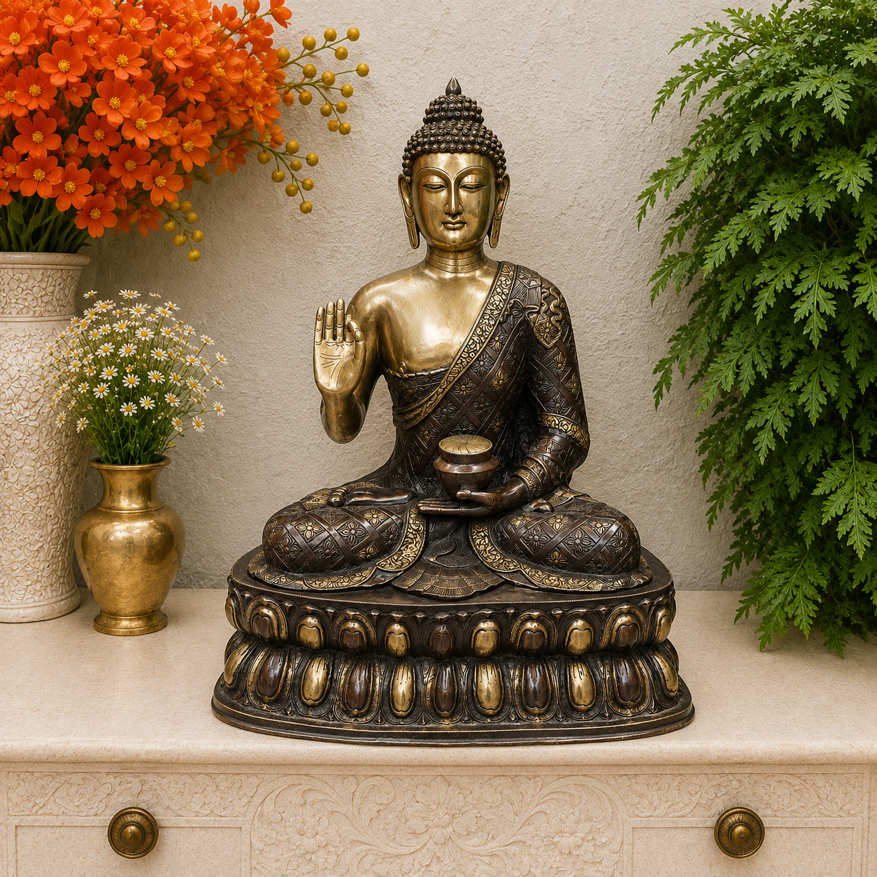 Brassaura® Brass Buddha Statue with Alms Bowl | Antique Finish Sitting Buddha Idol in Abhaya Mudra | Spiritual Home Temple, Meditation & Living Room Décor | 29 Inches | 33 Kg