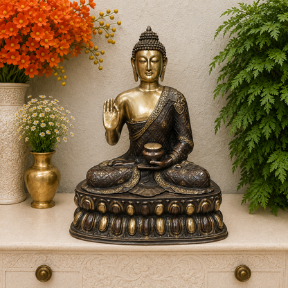 Brassaura® Brass Buddha Statue with Alms Bowl | Antique Finish Sitting Buddha Idol in Abhaya Mudra | Spiritual Home Temple, Meditation & Living Room Décor | 29 Inches | 33 Kg