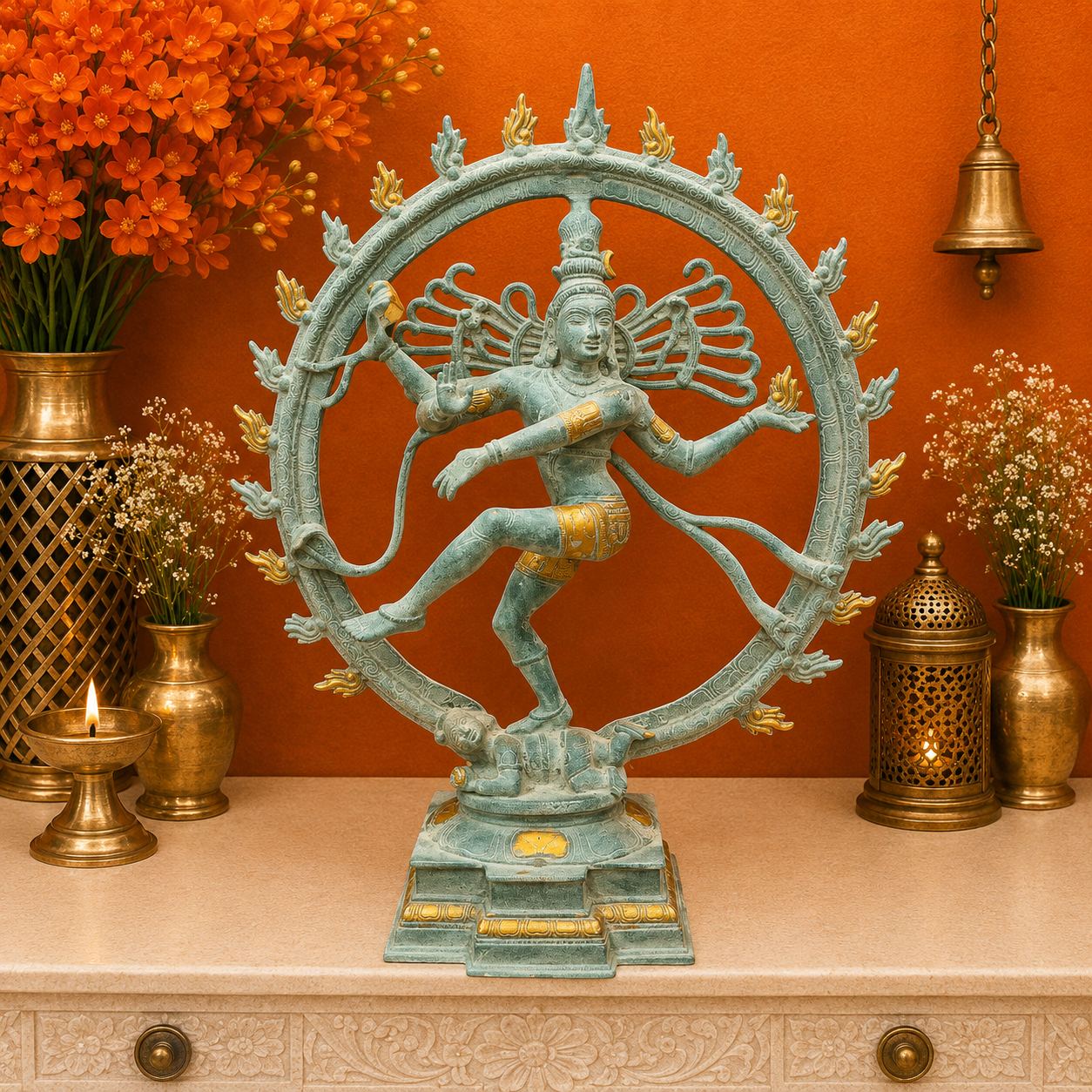 ब्रासोरा® वृंदावन वेणुगोपाल कृष्ण पीतल की प्रतिमा मोर के साथ | एंटीक नीला और सुनहरा रंग | ऊँचाई 20 इंच