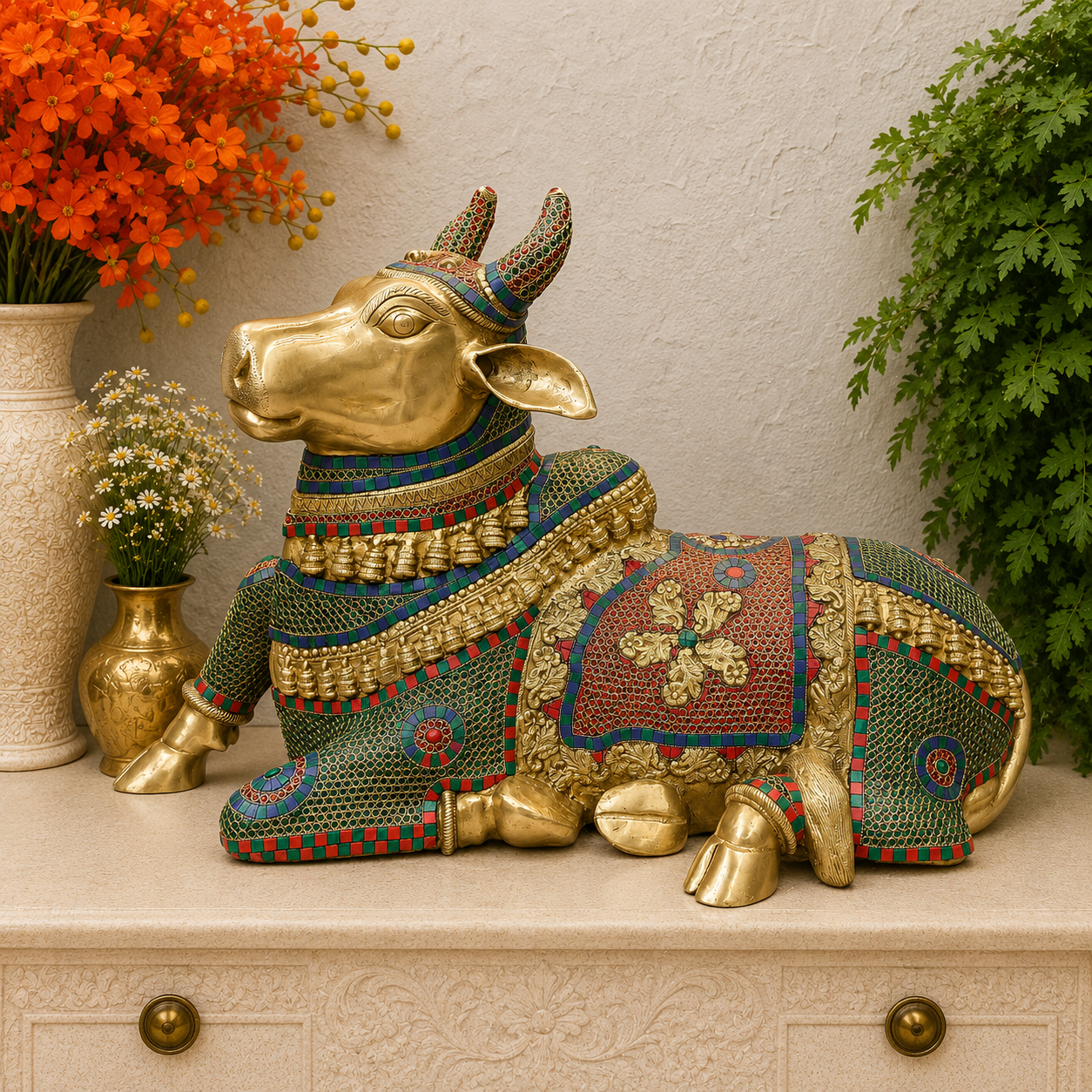 Brassaura® Brass Nandi Bull Idol | Decorative Stone Inlay Sacred Nandi Statue | Lord Shiva's Divine Vehicle for Home Temple, Pooja Room & Spiritual Décor | 22 Inches | 30 Kg