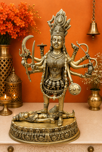 Brassaura® Brass Goddess Kali Idol | Maa Kali Standing Statue on Shiva | Divine Hindu Goddess Murti for Home Temple, Pooja Room & Spiritual Décor | 27 Inches | 20 Kg