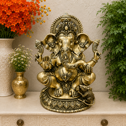 Brassaura® Brass Lord Ganesha Idol | Seated Ganpati Murti with Mouse | Handcrafted Brass Statue for Home Temple, Pooja Room & Spiritual Décor | 23 Inches | 33 Kg
