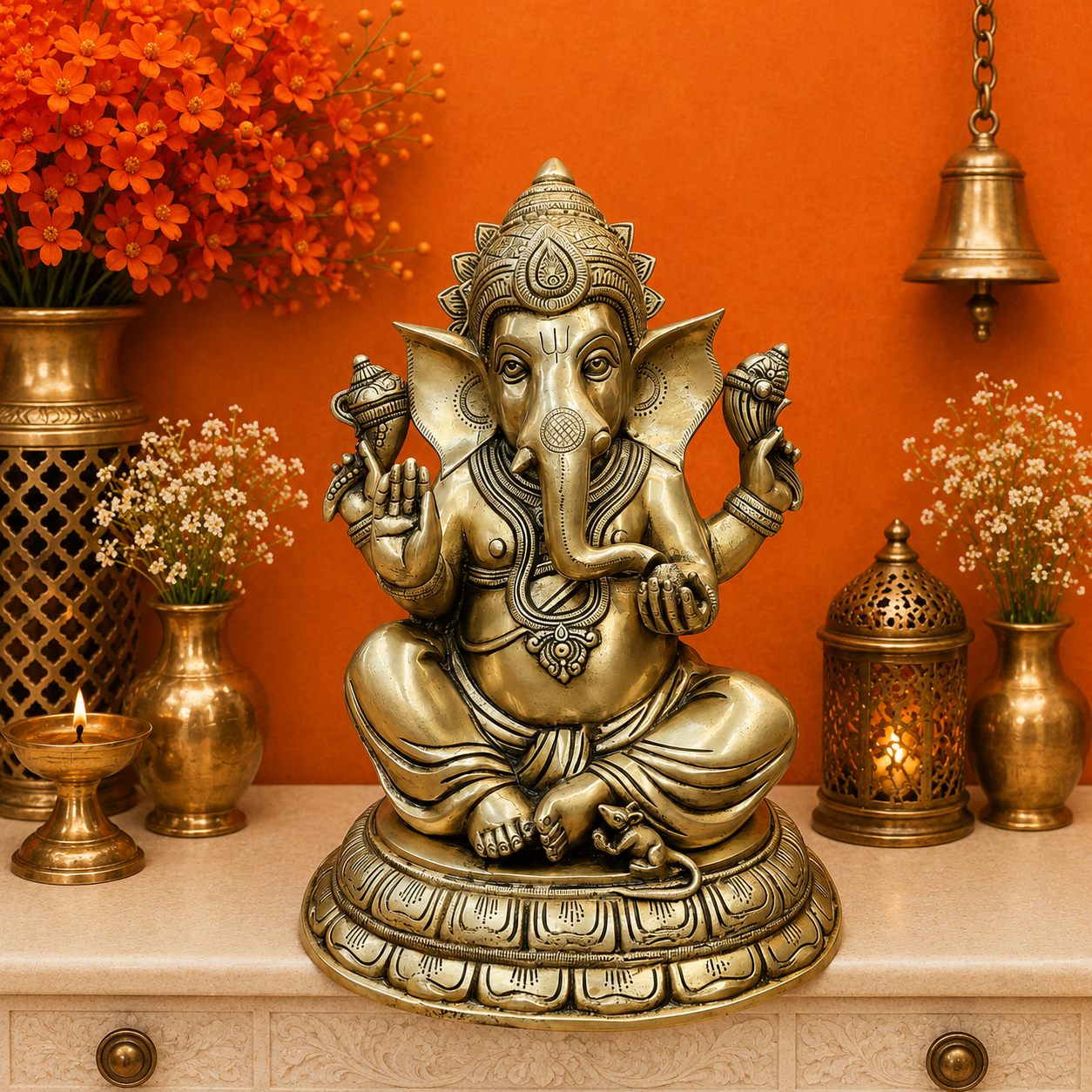 Brassaura® Brass Lord Ganesha Idol | Seated Ganpati Murti with Mouse | Handcrafted Brass Statue for Home Temple, Pooja Room & Spiritual Décor | 15 Inches | 15 Kg