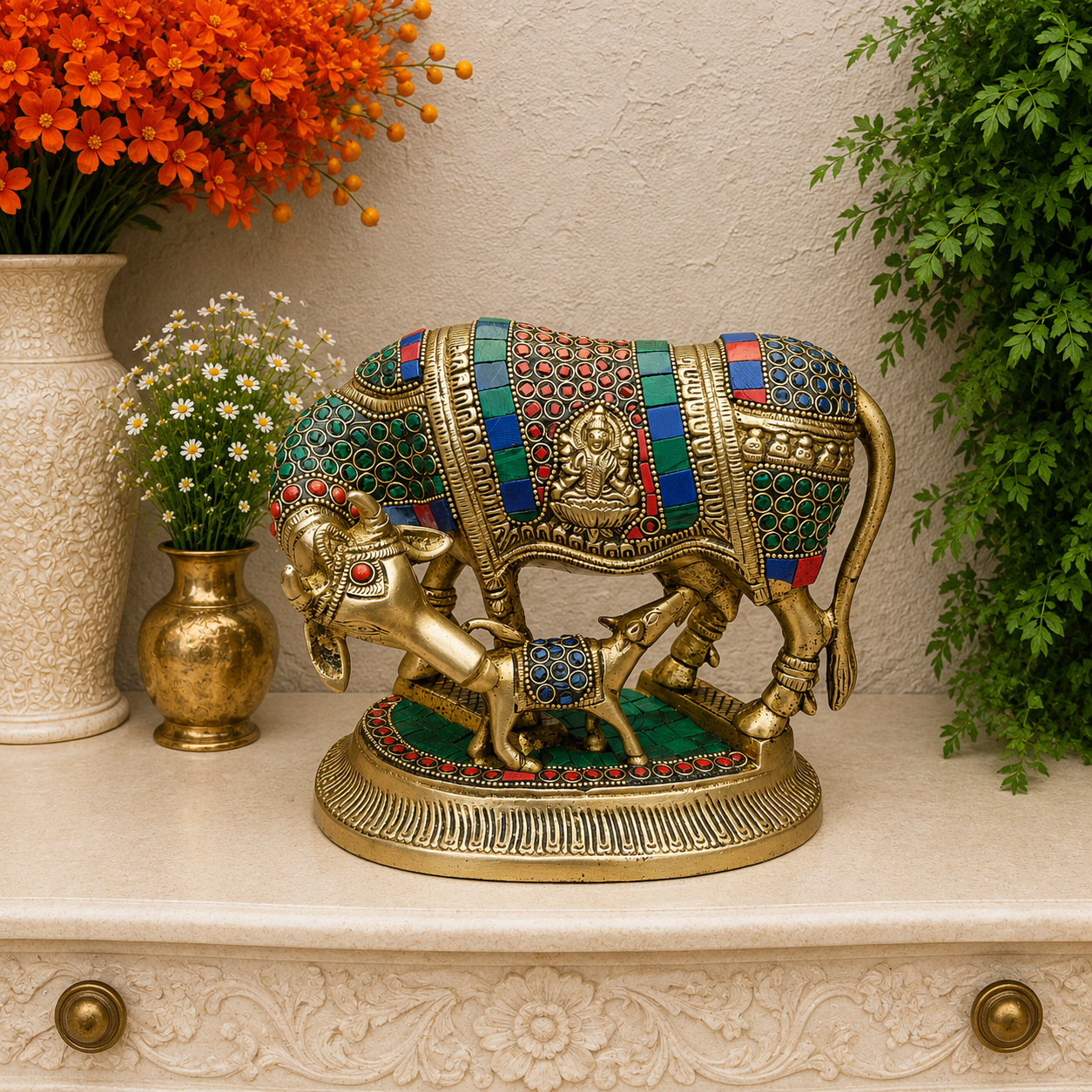 Brassaura® Brass Kamdhenu Cow with Calf Idol | Meenakari Kamdhenu Gau Mata Murti | Sacred Brass Statue for Home Temple, Pooja Room & Spiritual Décor | 7 Inches | 3.8 Kg