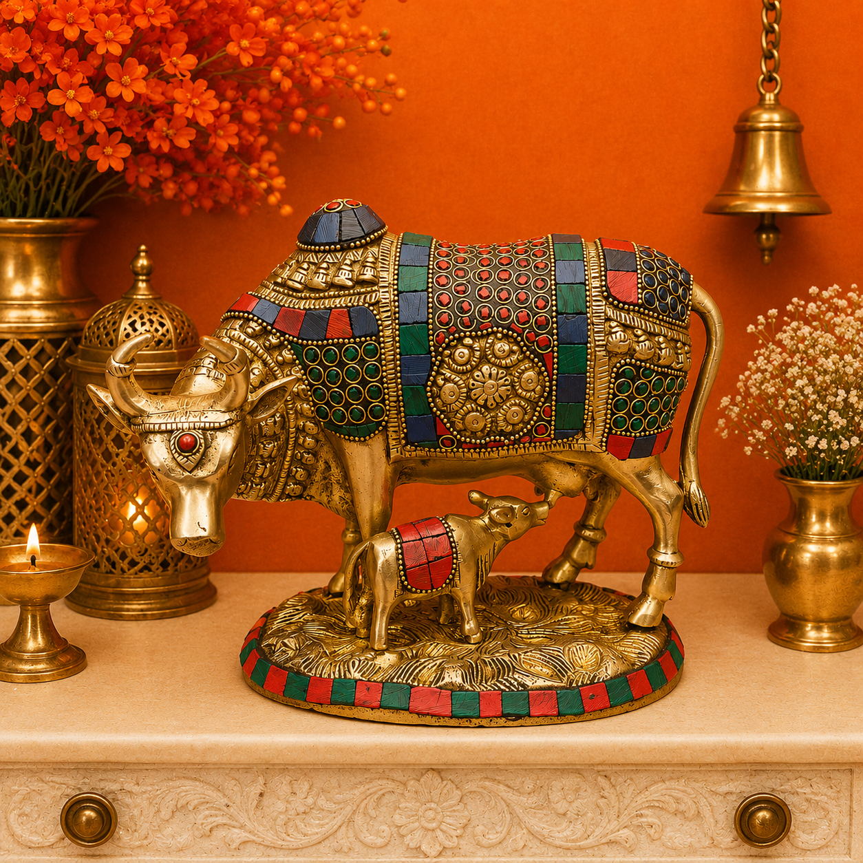 ब्रासोरा® वृंदावन वेणुगोपाल कृष्ण पीतल की प्रतिमा मोर के साथ | एंटीक नीला और सुनहरा रंग | ऊँचाई 20 इंच