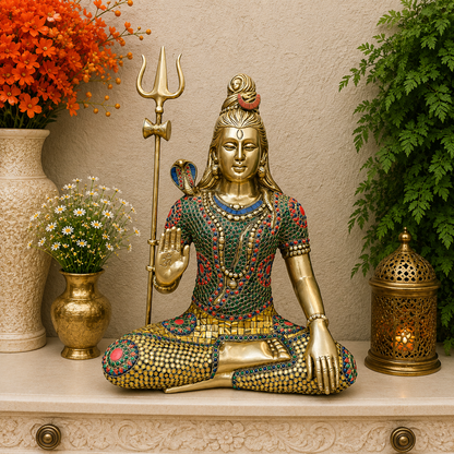 Brassaura® Brass Lord Shiva Idol | Meditating Mahadev Murti with Trishul | Handcrafted Meenakari Brass Statue for Home Temple, Spiritual Décor & Gifting | 19 Inches | 12.2 Kg