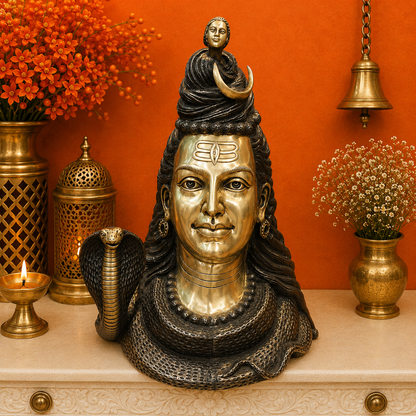 Brassaura® Brass Lord Shiva Face Idol | Mahadev Bust Statue with Cobra & Crescent Moon | Handcrafted Brass Shiv Murti for Home Temple, Spiritual Décor & Gifting | 27 Inches | 32 Kg