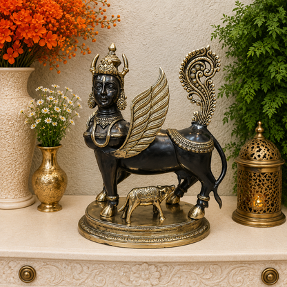 Brassaura® Brass Kamadhenu Cow Idol with Divine Female Face & Calf | Sacred Kamdhenu Gau Mata Statue | Handcrafted Brass Sculpture for Home Temple, Vastu, Spiritual Décor & Gifting | 15.5 Inches | 12.5 Kg