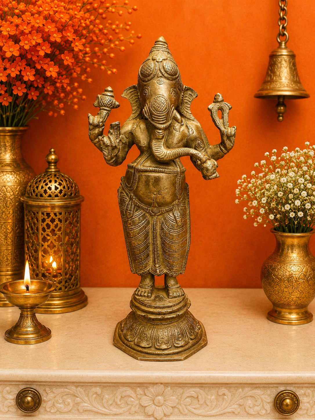 Brassaura® Brass Standing Lord Ganesha Idol | Handcrafted Ganpati Brass Murti for Home Temple, Pooja Room, Vastu, Spiritual Décor & Gifting | 10 Inches | 2.5 Kg