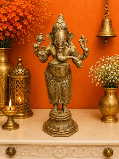 Brassaura® Brass Standing Lord Ganesha Idol | Handcrafted Ganpati Brass Murti for Home Temple, Pooja Room, Vastu, Spiritual Décor & Gifting | 10 Inches | 2.5 Kg