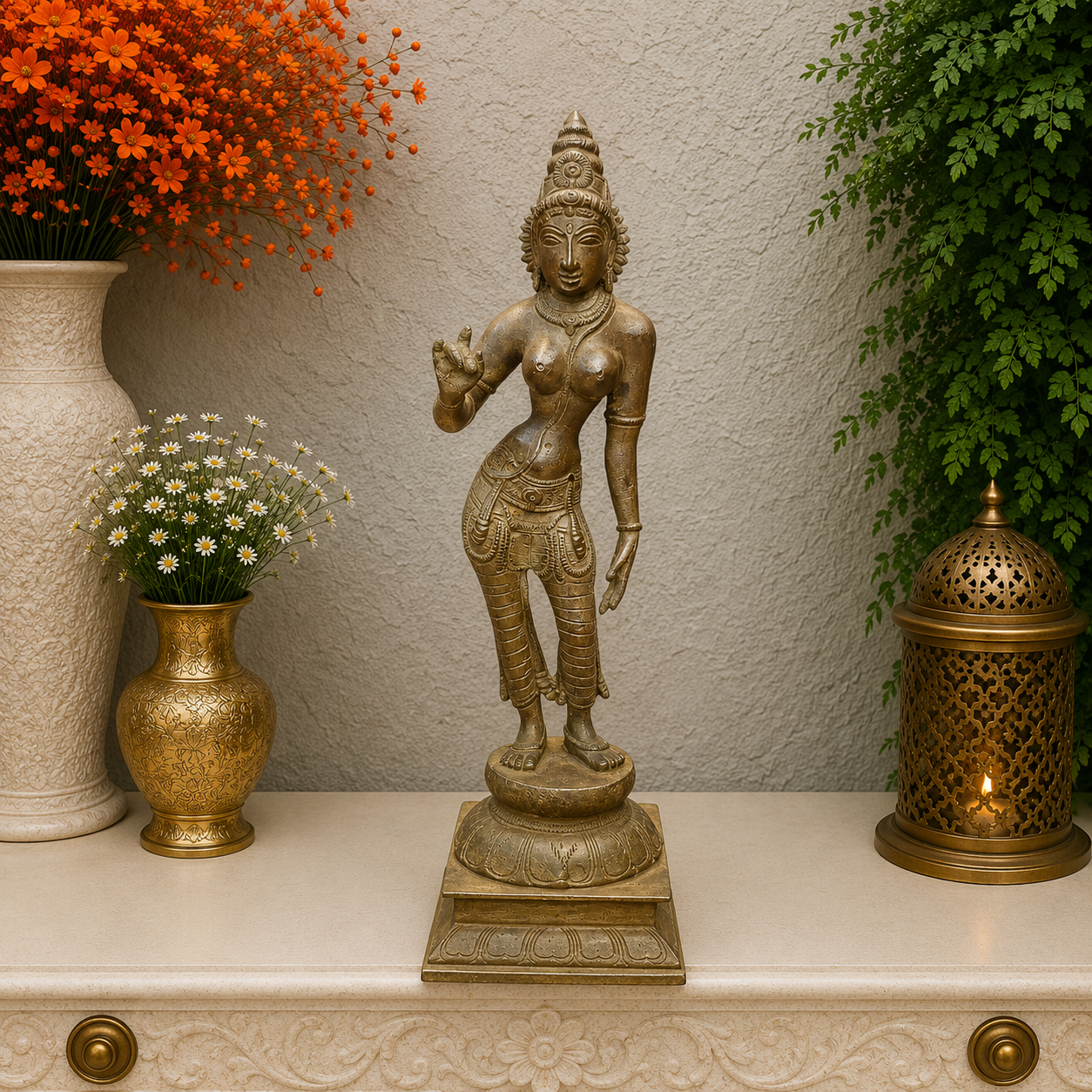 Brassaura® Brass Devangana Lady Statue | Handcrafted Traditional Indian Woman Sculpture | Vintage Brass Figurine for Home Décor, Living Room & Office | 12 Inches | 2.4 Kg