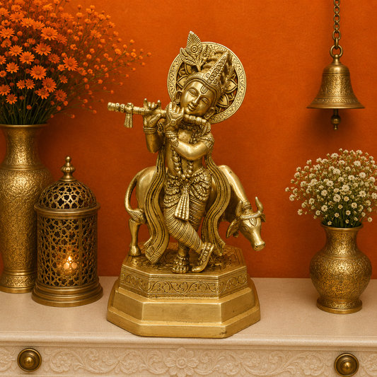 Brassaura® Brass Lord Krishna with Cow Idol | Handcrafted Makhan Chor Krishna Murti Playing Flute | Brass Krishna Statue for Home Temple, Pooja Room & Spiritual Décor | 10.5 Inches | 3.2 Kg