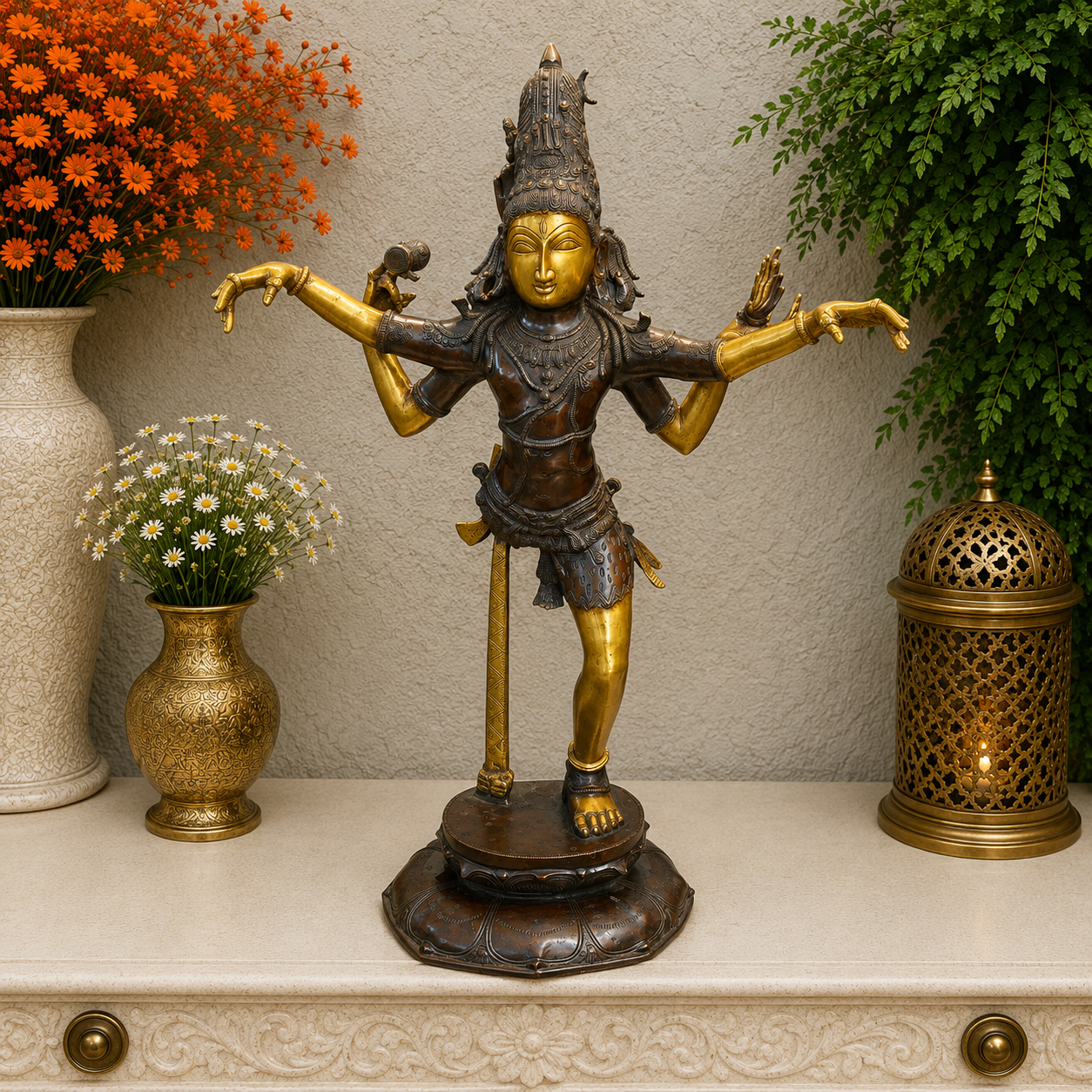 Brassaura® Brass Ardhanarishvara Idol | Handcrafted Ardhanareeshwar Statue | Lord Shiva & Goddess Parvati Brass Murti for Home Temple, Spiritual Décor & Gifting | 42 Inches | 32 Kg