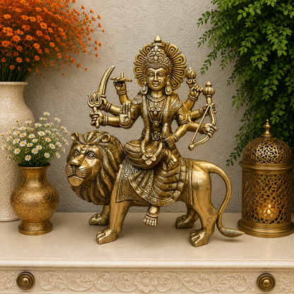 Brassaura® Brass Maa Durga Idol on Lion | Handcrafted Goddess Durga Murti | Premium Brass Sherawali Mata Statue for Home Temple, Spiritual Décor & Gifting | 13 Inches | 8 Kg