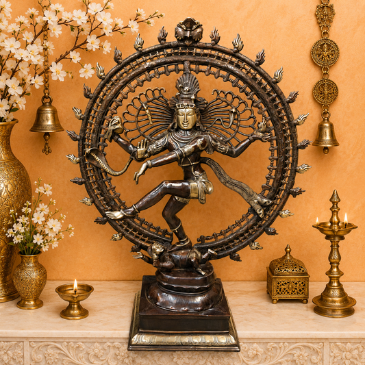 ब्रासोरा® वृंदावन वेणुगोपाल कृष्ण पीतल की प्रतिमा मोर के साथ | एंटीक नीला और सुनहरा रंग | ऊँचाई 20 इंच