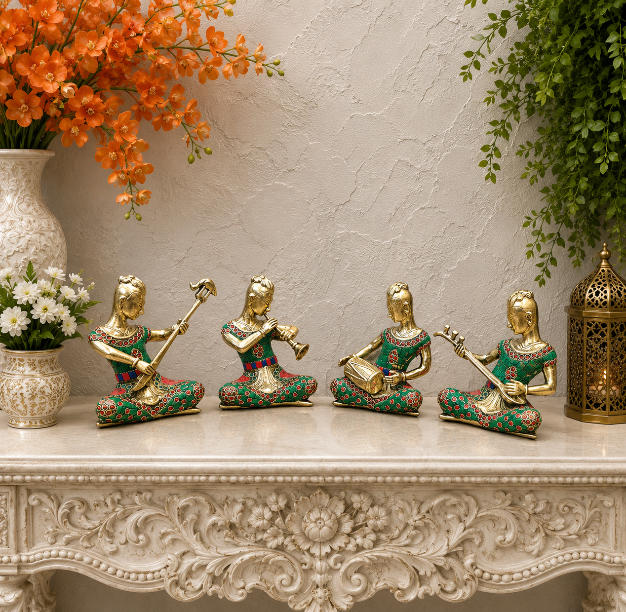 Brassaura® Brass Tribal Musician Figurines Set of 4 | Handcrafted Decorative Music Band Showpieces with Meenakari Art | Traditional Rajasthani Folk Music Statues for Home Décor & Gifting | 6.5 Inches | 7 Kg