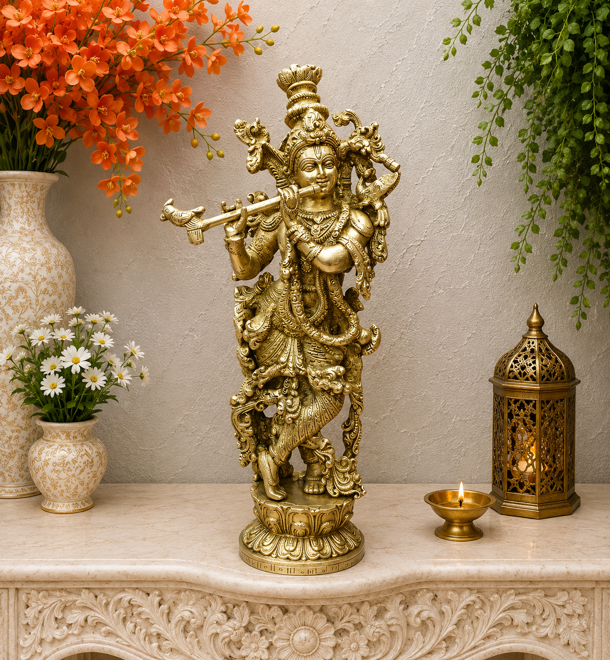Brassaura® Brass Lord Krishna Playing Flute Statue | Handcrafted Standing Krishna Murti for Home Temple, Spiritual Décor & Gifting | 14 Inches | 4.4 Kg