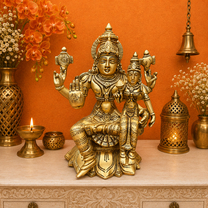 Brassaura® Handmade Brass Lakshmi Narayan Idol | Laxmi Vishnu Murti for Home Temple, Pooja Room & Spiritual Décor | Height 9 Inches | 4 Kg