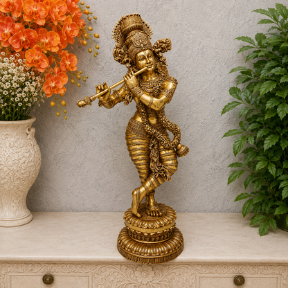 Brassaura® Handmade Brass Lord Krishna Playing Flute Statue | Premium Krishna Idol for Home Temple, Living Room & Spiritual Décor | Height 48 Inches | 60 Kg