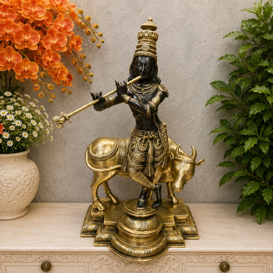 Brassaura® Handmade Brass Krishna Playing Flute with Cow Idol | Lord Krishna Murti for Home Temple, Pooja Room & Living Room Décor | Height 26 Inches | 26 Kg