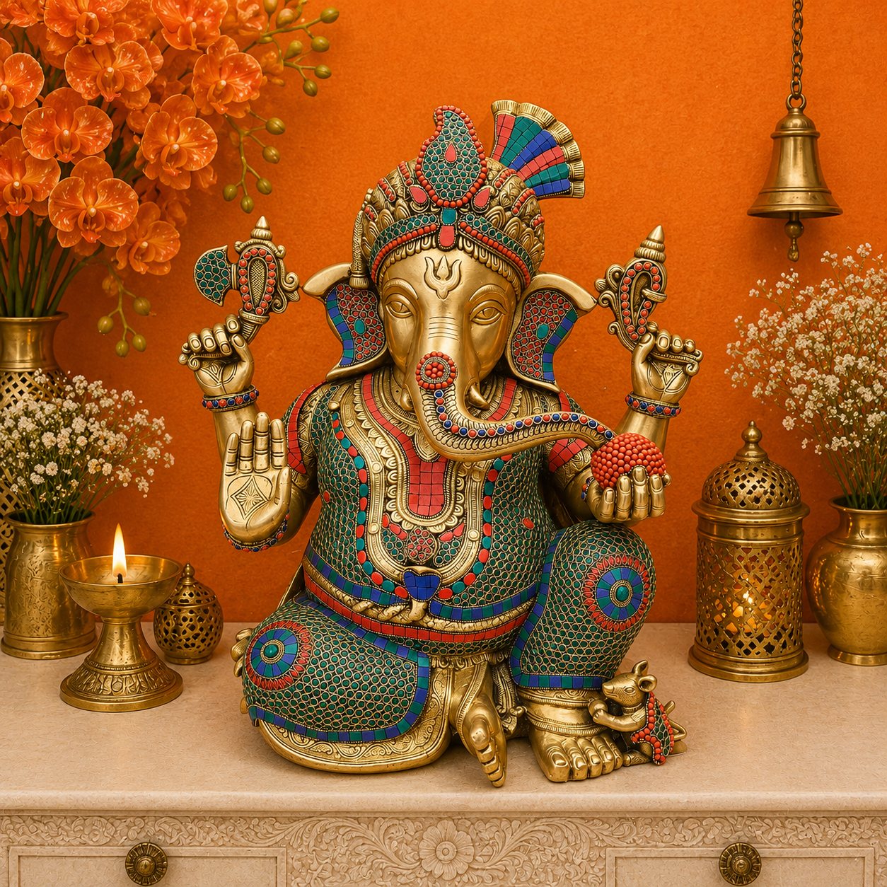 Brassaura® Handmade Brass Colorful Lord Ganesha Idol | Decorative Ganpati Murti for Home Temple, Living Room & Office Décor | Height 21 Inches | 28 Kg
