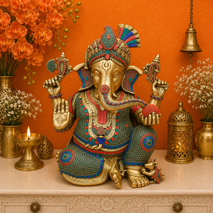 Brassaura® Handmade Brass Colorful Lord Ganesha Idol | Decorative Ganpati Murti for Home Temple, Living Room & Office Décor | Height 21 Inches | 28 Kg