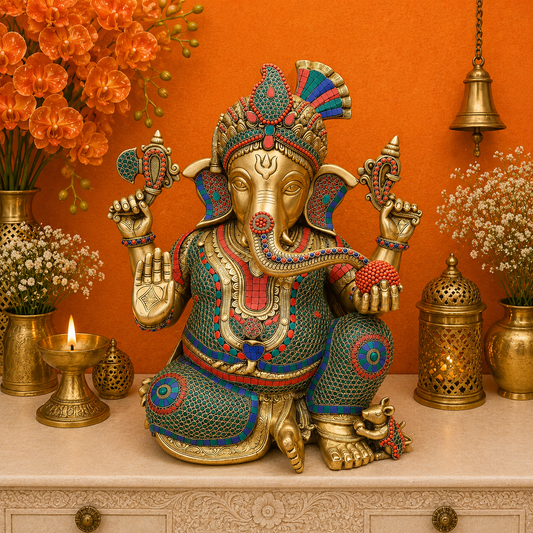 Brassaura® Handmade Brass Colorful Lord Ganesha Idol | Decorative Ganpati Murti for Home Temple, Living Room & Office Décor | Height 21 Inches | 28 Kg