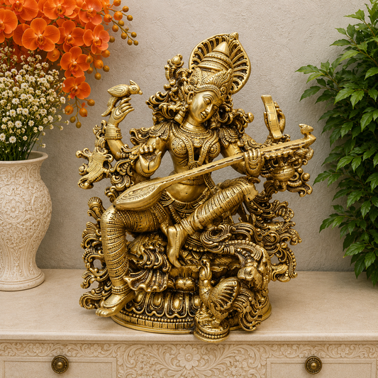 Brassaura® Handmade Brass Goddess Saraswati Idol with Veena | Maa Saraswati Murti for Home Temple, Pooja Room & Office Décor | Height 16 Inches | 17.4 Kg