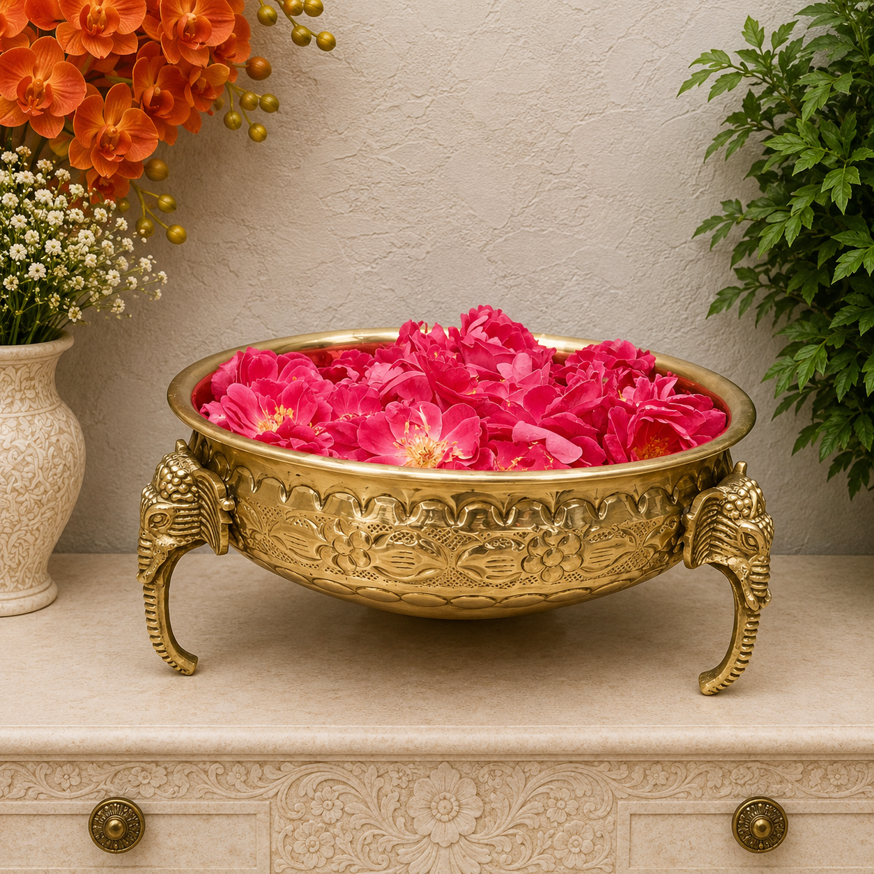 Brassaura® Handmade Brass Urli Bowl with Elephant Legs | Decorative Flower Urli for Home Entrance, Living Room & Pooja Décor | Height 3.8 Inches | 0.70 Kg