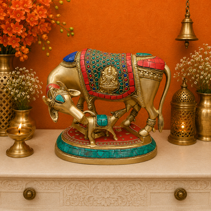 Brassaura® Handmade Brass Kamadhenu Cow with Calf Statue | Inlaid Stone Decorative Idol | Sacred Cow & Calf Murti for Home, Pooja Room, Temple & Vastu | 7 Inch | 3.8 Kg