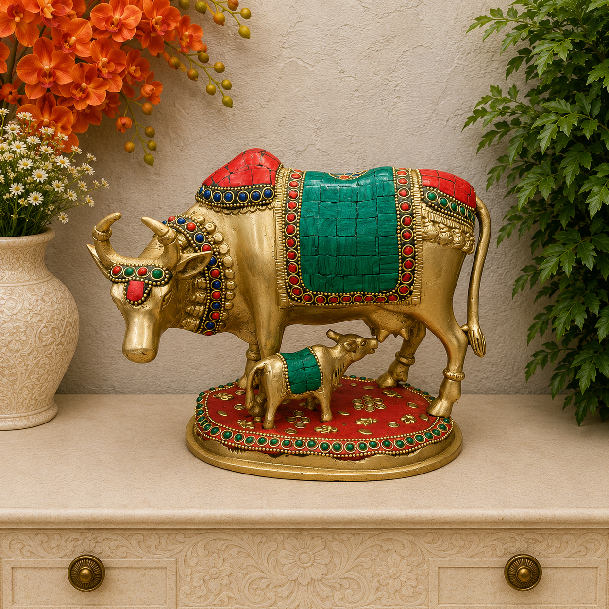 Brassaura® Handmade Brass Kamadhenu Cow with Calf Idol | Decorative Stone Inlay Gau Mata Statue for Home Temple, Pooja Room & Vastu | Sacred Brass Cow Murti | 7 Inch | 3.3 Kg