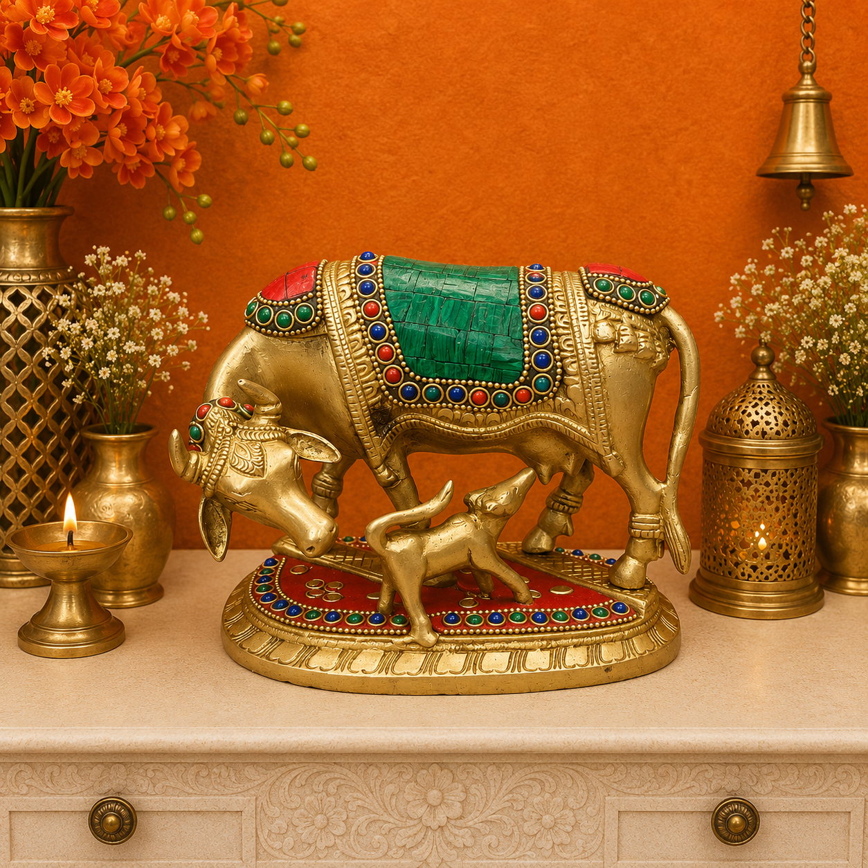Brassaura® Handmade Brass Kamadhenu Cow with Calf Idol | Decorative Stone Inlay Gau Mata Statue for Home Temple, Pooja Room & Vastu Décor | Sacred Brass Cow Murti | 6 Inch | 2.3 Kg