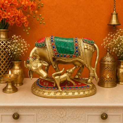 Brassaura® Handmade Brass Kamadhenu Cow with Calf Idol | Decorative Stone Inlay Gau Mata Statue for Home Temple, Pooja Room & Vastu Décor | Sacred Brass Cow Murti | 6 Inch | 2.3 Kg