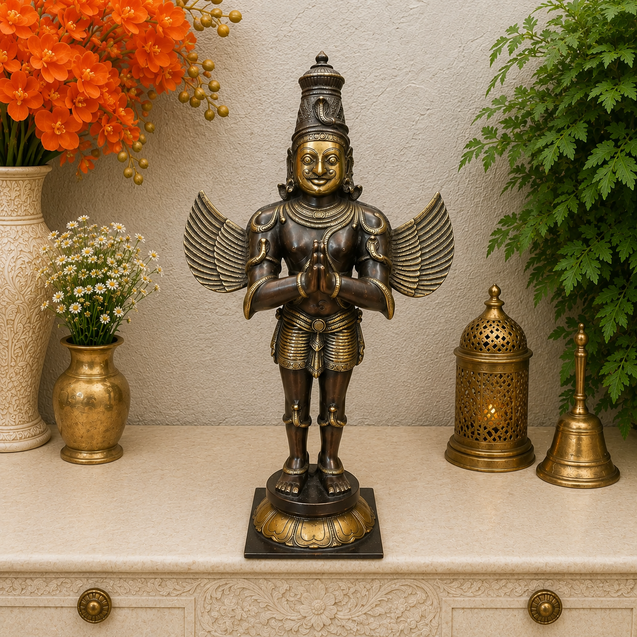 Brassaura® Brass Garuda Statue | Standing Garuda with Namaste Pose | Sacred Vishnu Vahana Idol for Home Temple, Pooja Room & Vastu Décor | Antique Finish | 23 Inch | 9.5 Kg