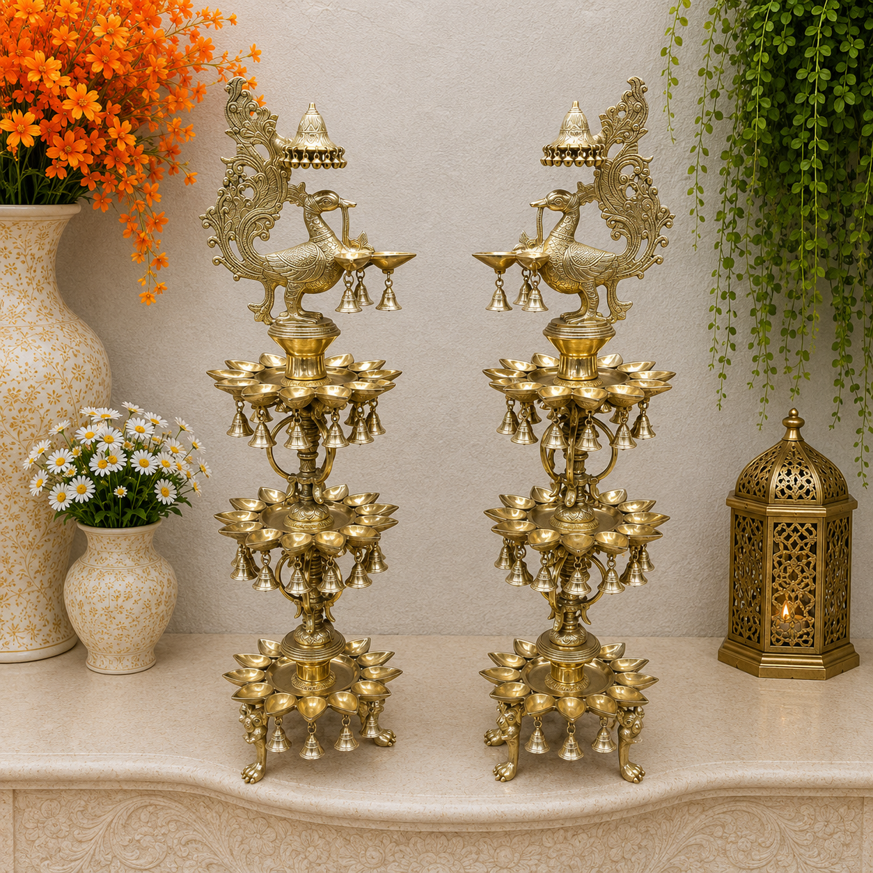 Brassaura® Traditional Brass Peacock Multi-Tier Oil Lamp Set of 2 | Decorative Deepam Diya Stand with Hanging Bells for Home Temple & Spiritual Décor | 49 Inches | 52 Kg