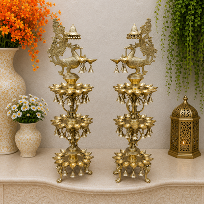 Brassaura® Traditional Brass Peacock Multi-Tier Oil Lamp Set of 2 | Decorative Deepam Diya Stand with Hanging Bells for Home Temple & Spiritual Décor | 49 Inches | 52 Kg