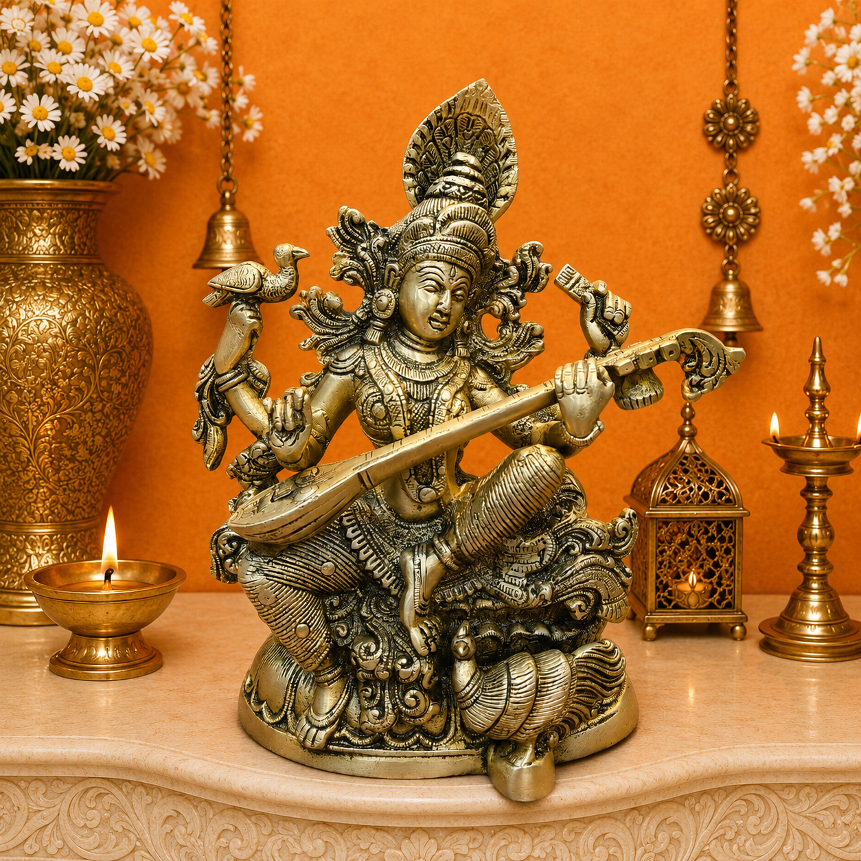 Brassaura® Brass Goddess Saraswati Idol with Veena | Antique Finish Saraswati Murti for Home Temple, Study Room, Office & Spiritual Décor | 11 Inches | 6 Kg