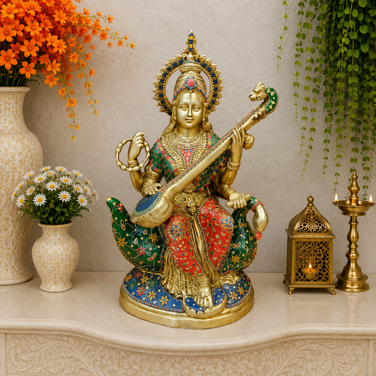 Brassaura® Brass Goddess Saraswati Idol with Meenakari Work & Veena | Handcrafted Decorative Saraswati Murti for Home Temple, Living Room & Spiritual Décor | 21 Inches | 27 Kg