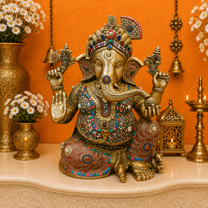 Brassaura® Brass Lord Ganesha Idol with Meenakari Work | Handcrafted Ganpati Bappa Murti for Home Temple, Living Room & Spiritual Décor | 21 Inches | 27 Kg