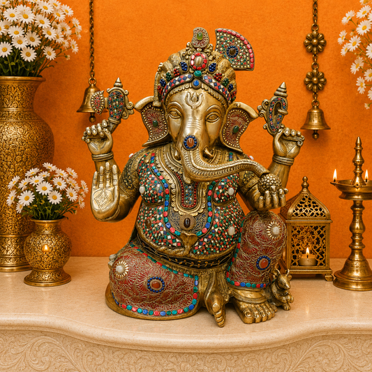 Brassaura® Brass Lord Ganesha Idol with Meenakari Work | Handcrafted Ganpati Bappa Murti for Home Temple, Living Room & Spiritual Décor | 21 Inches | 27 Kg