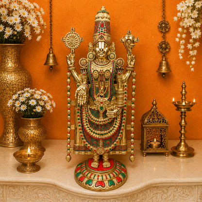 Brassaura® Brass Lord Balaji Venkateswara Idol with Meenakari Work | Handcrafted Tirupati Balaji Murti for Home Temple, Spiritual Décor & Gifting | 70 Inches | 112 Kg
