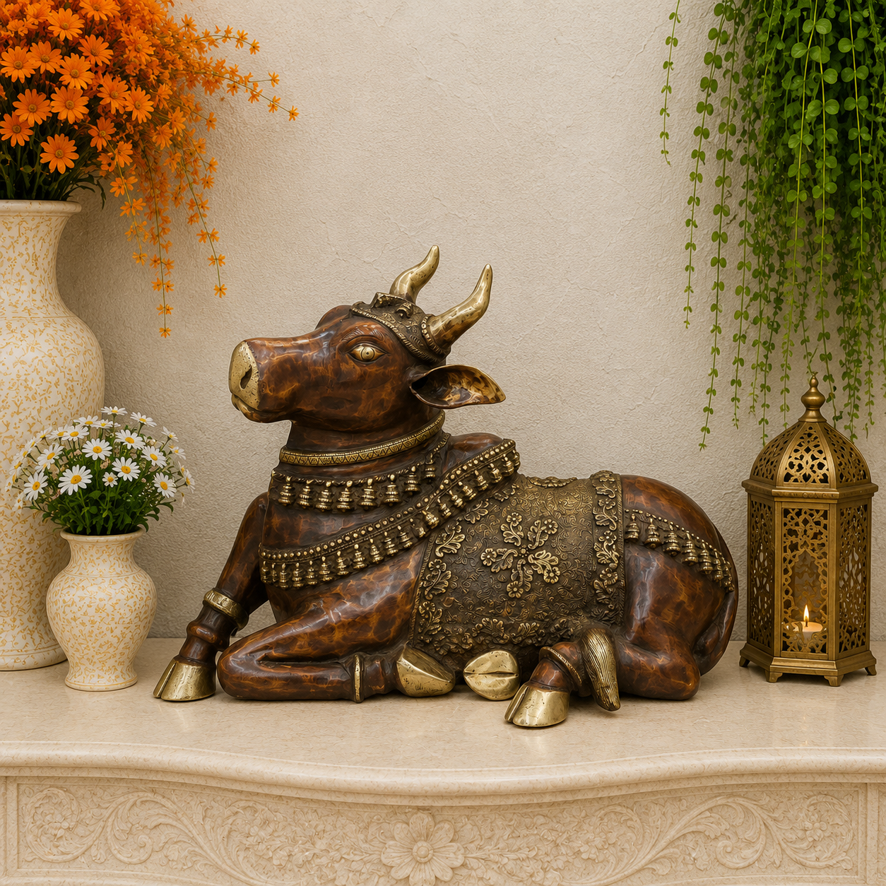 Brassaura® Brass Nandi Bull Statue | Handcrafted Lord Shiva Nandi Idol for Home Temple, Pooja Room & Spiritual Décor | 22 Inches | 28 Kg